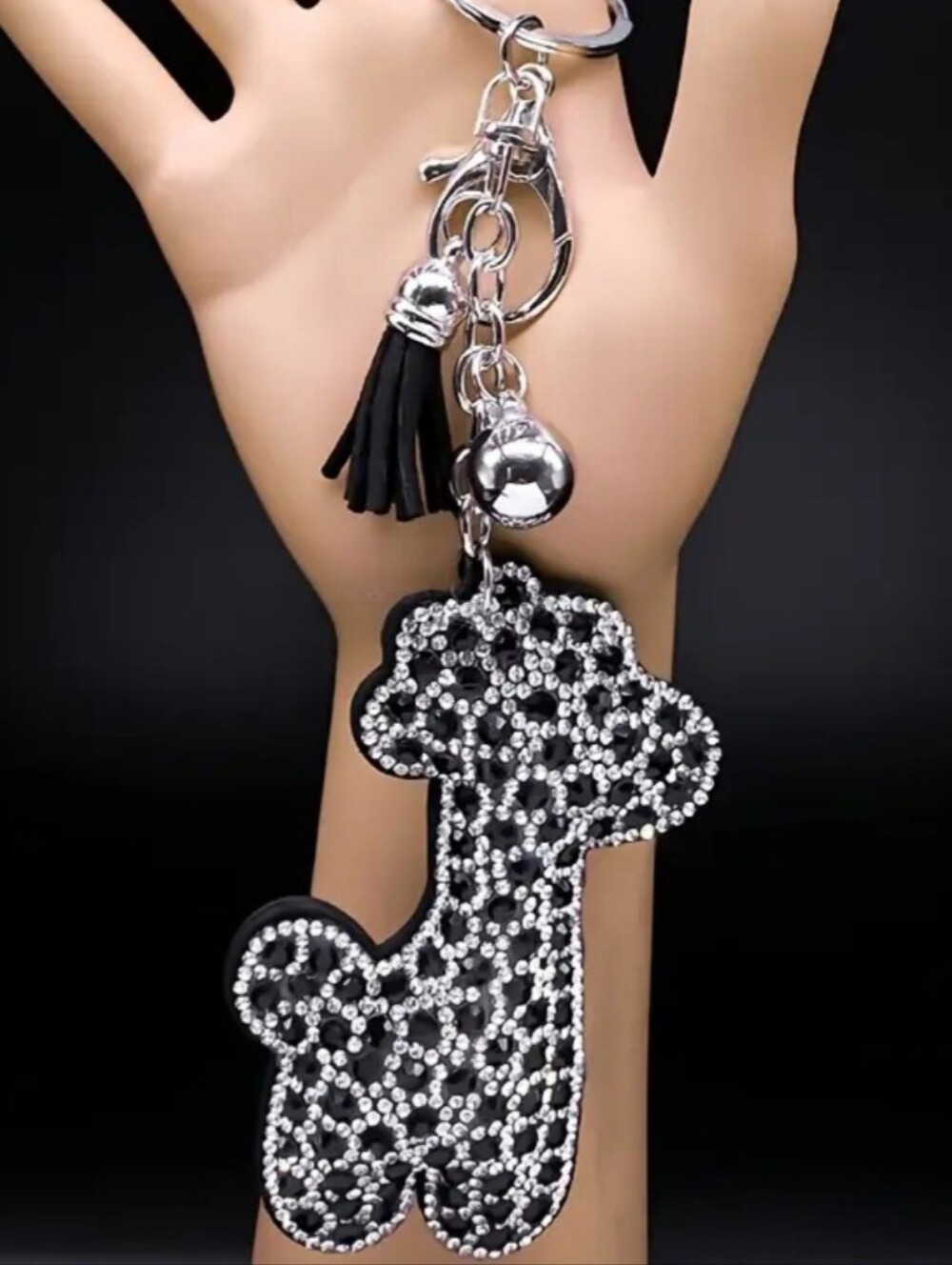 Bling Giraffe Crystal Rhinestone Keychain Bag Charm With Black Tassel